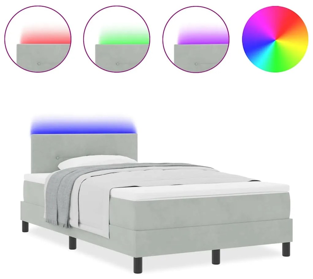 Cama Box com Colchão e Luz LED Cinza Claro 120x200 cm Veludo