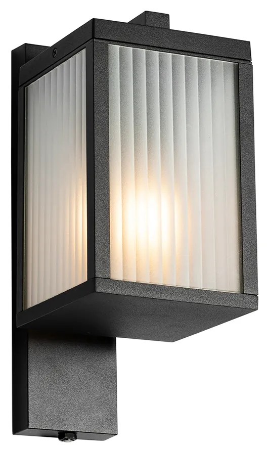 Lanterna de parede exterior preta com vidro canelado e sensor crepuscular - Charlois Moderno