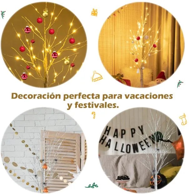 Árvore de Natal artificial de 150 cm com ramos de bétula e 72 luzes LED brancas Mini árvore decorativa Branca