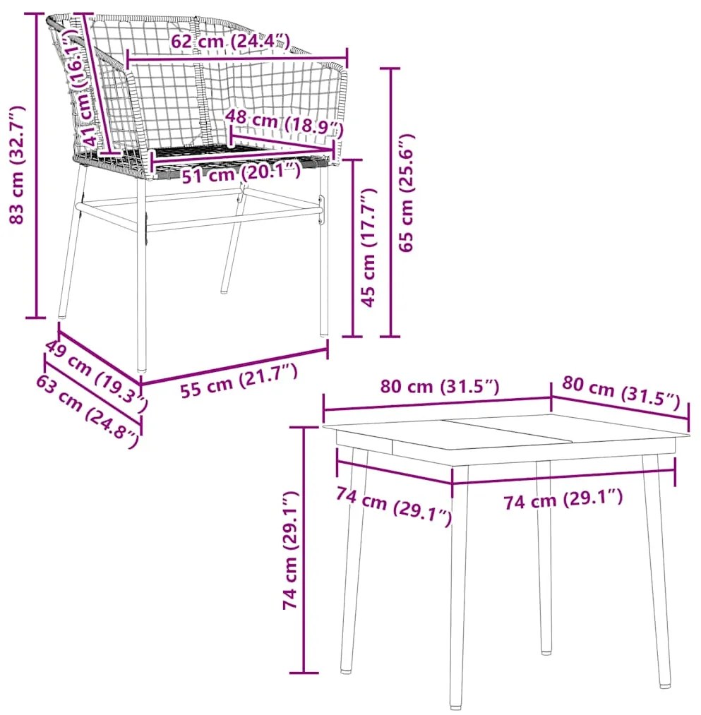 Conjunto de jantar jardim 5 peças vidro vime PE preto