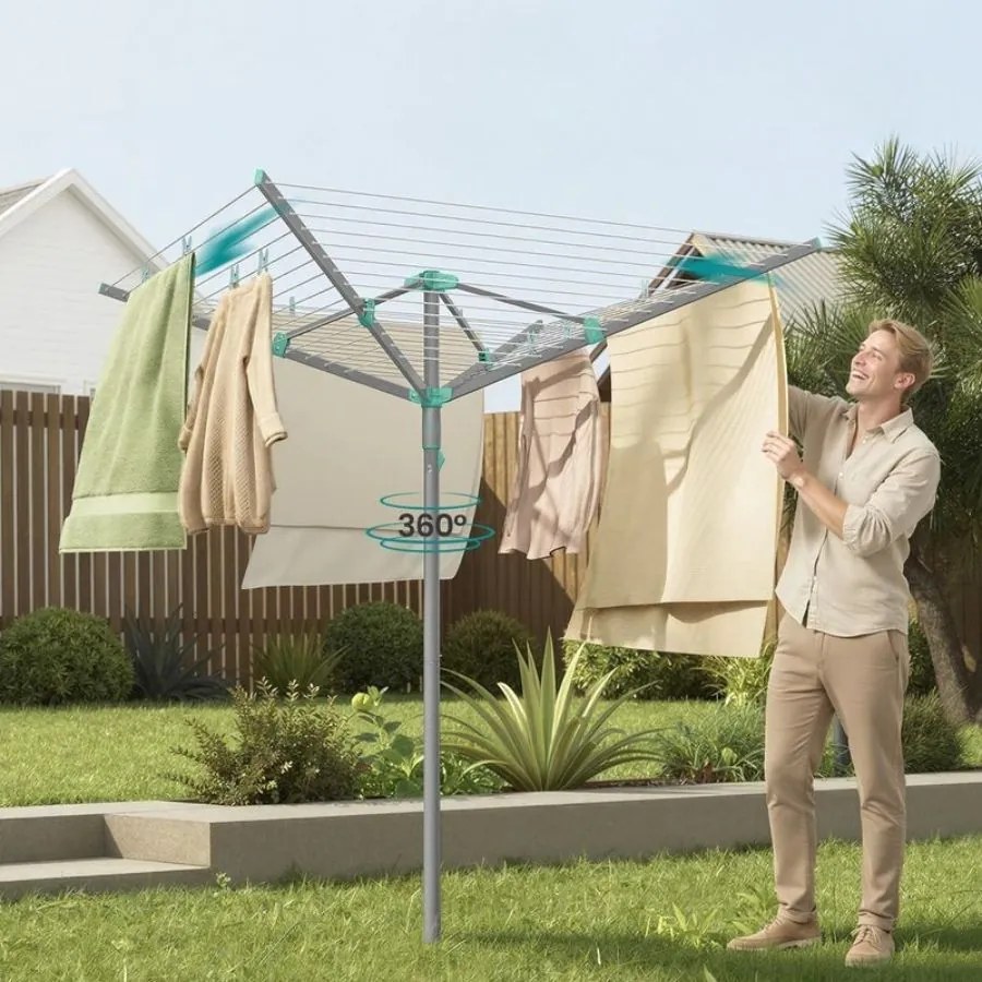 Estendal de roupa giratório 139,3 x 139,3 x 181,5 cm com capa protetora e 50 m de corda para 5 cargas de roupa Prateado