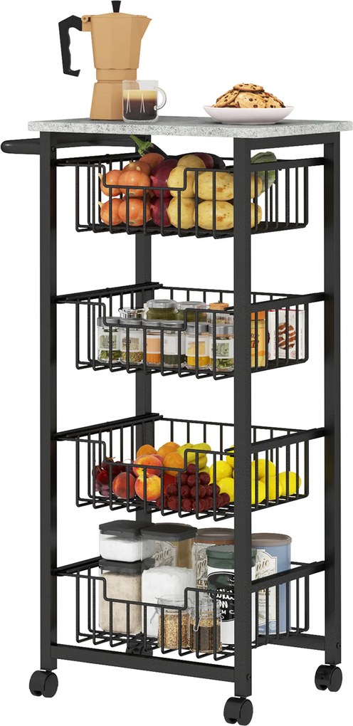 Carro de serviço de cozinha de 4 prateleiras com rodas, bancada e estrutura em aço, 49,5 x 31 x 91 cm, cinzento claro