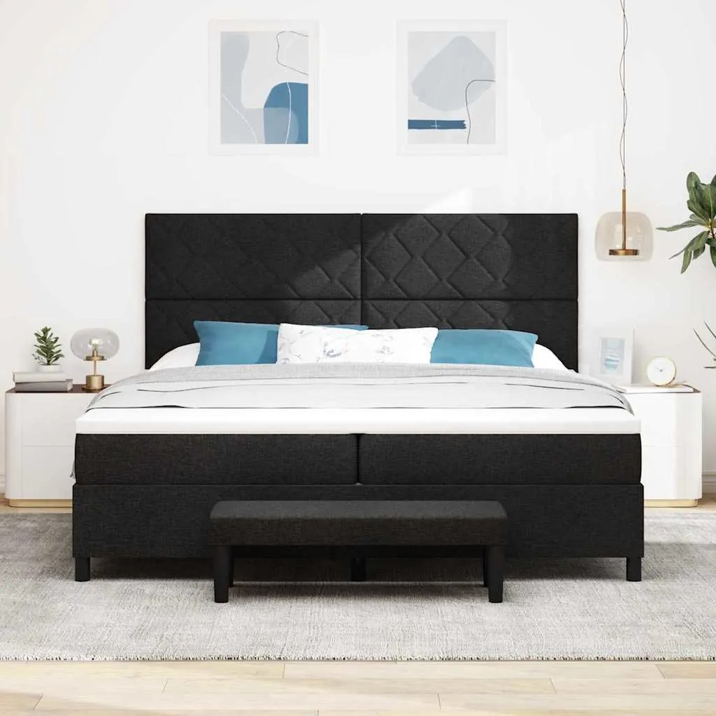 Cama Box Spring com Colchão e Banco Preto 200x200 cm Tecido