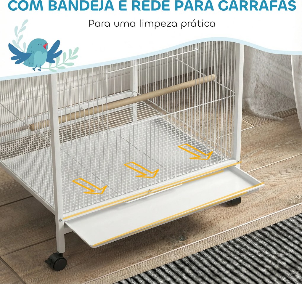 Gaiola para Pássaros com Rodas Poleiros Baloiço Bandeja Removível e Tigelas de Aço Inoxidável 48x46x78 cm Branco