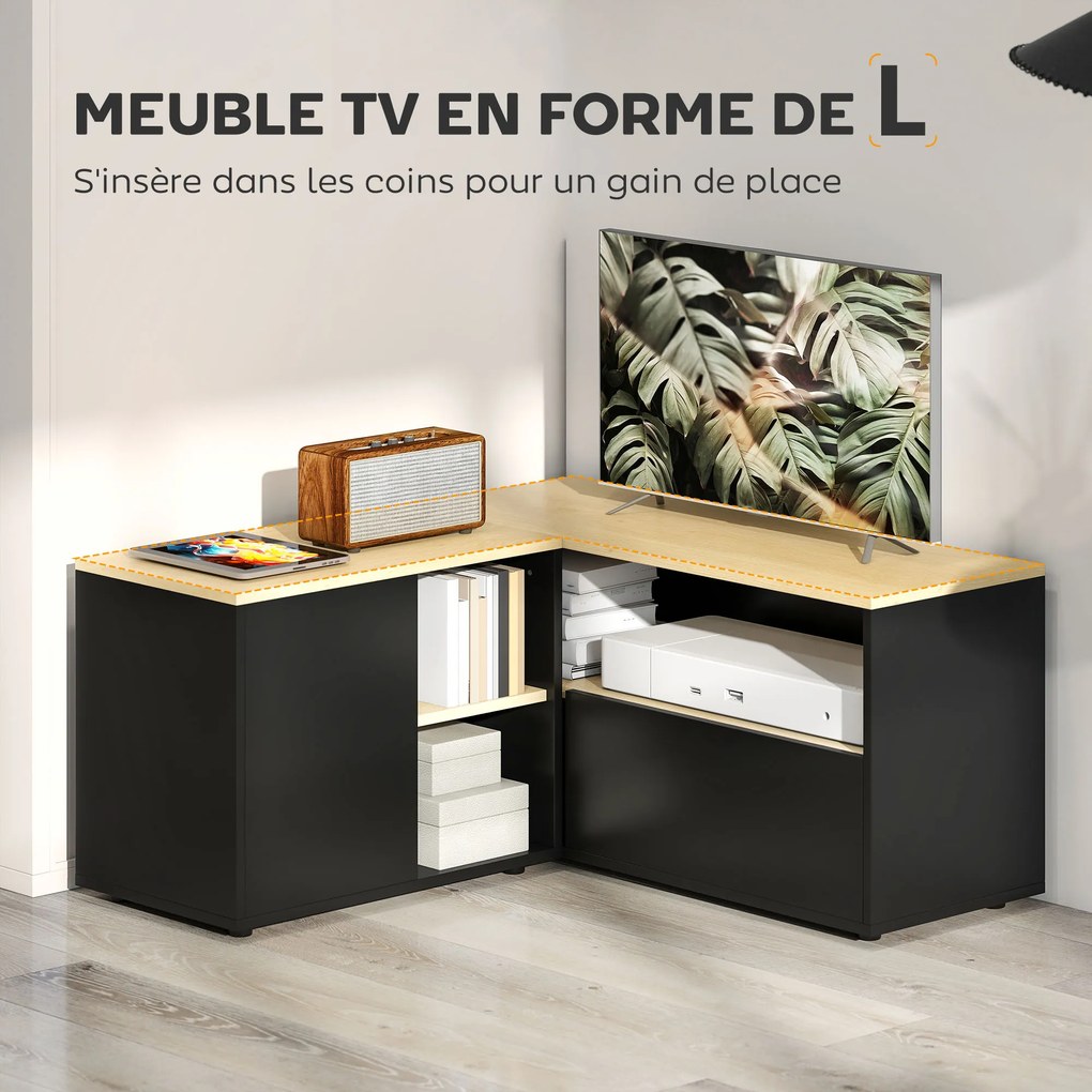 Móvel de TV de canto com banco para televisores até 40 polegadas, com 2 armários e 3 compartimentos abertos, 90 x 90 x 45 cm, em carvalho e preto