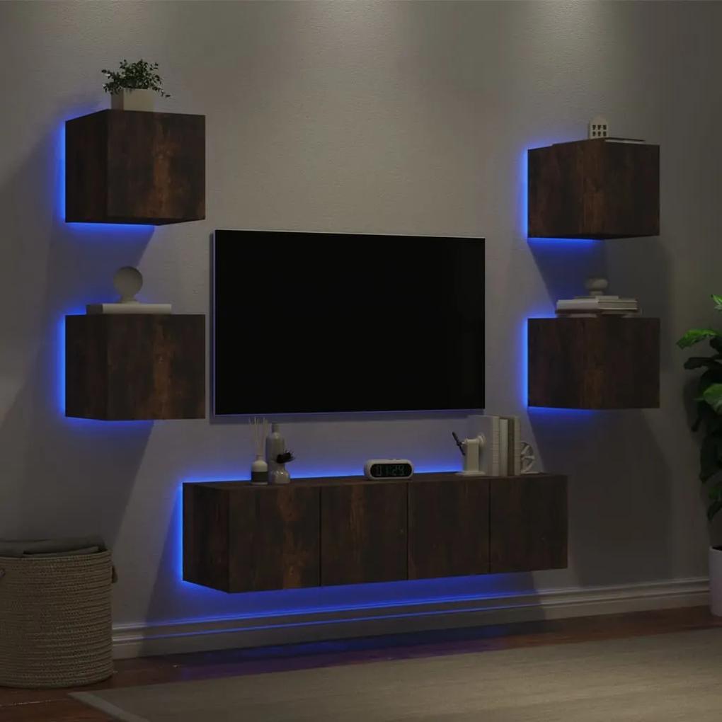 6pcs móveis parede p/ TV c/ LEDs deriv. madeira carvalho fumado