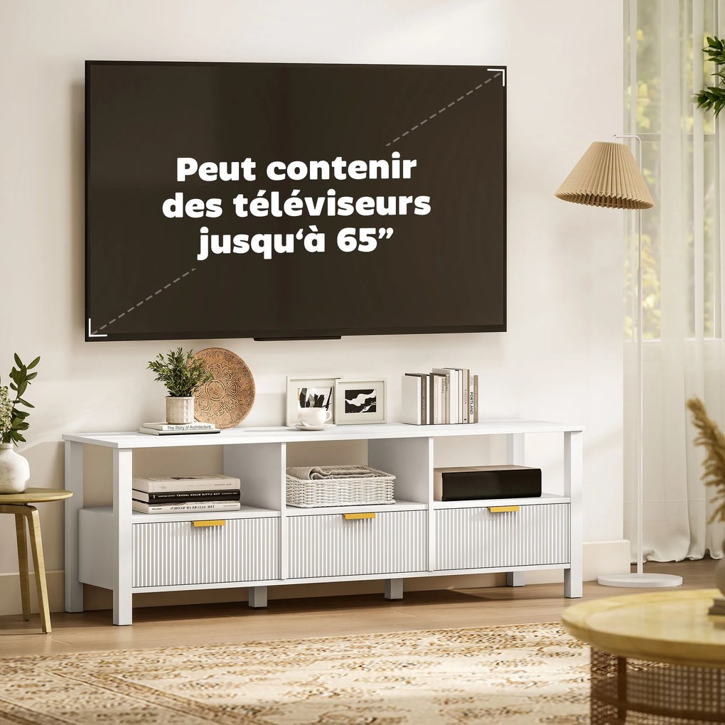 Móvel para TV de 152 cm, móvel para televisor de 65 polegadas com 3 gavetas e 3 prateleiras abertas, 152 x 39,5 x 50 cm, branco