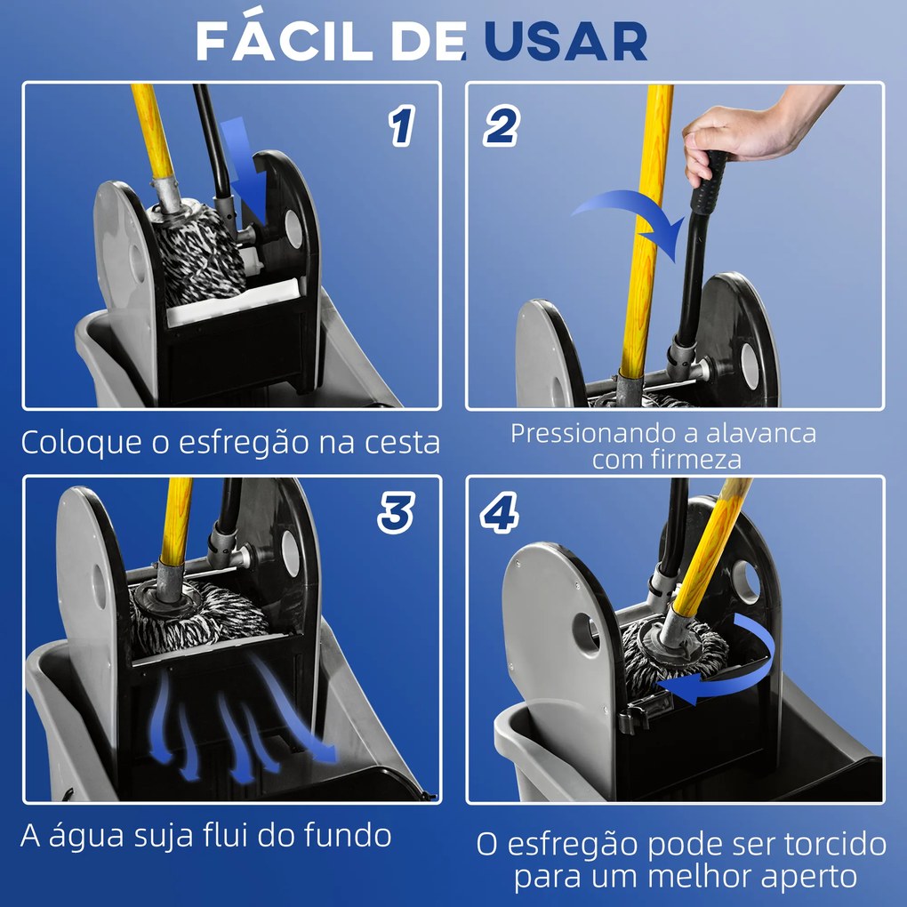 Balde de Esfregona Comercial com Espremedor de Pressão para Baixo Capacidade 36L com 4 Rodas 2 Cubetas 54x41x91,5 cm Cinza