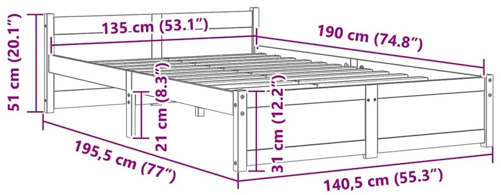 Estrutura de cama casal 135x190 cm madeira maciça cinzento