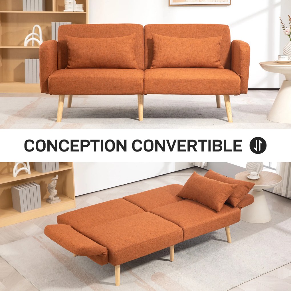 Sofá-cama com design moderno, encosto reclinável e braços ajustáveis, em tecido com efeito de linho castanho