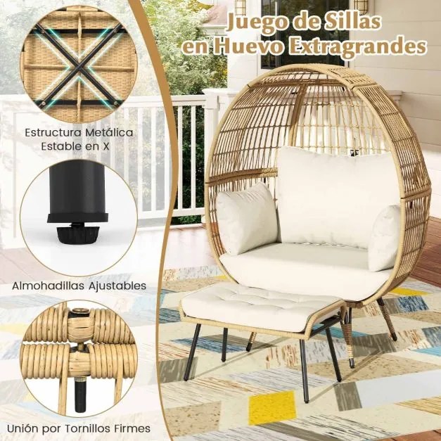 Cadeira Ovo Jardim com Pufe Conjunto de 2 peças de vime com almofadas macias e apoio para os pés Castanho claro