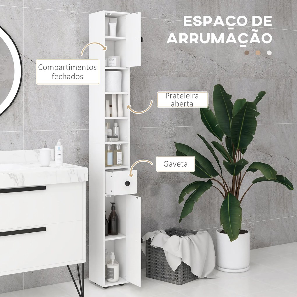 Coluna Casa de Banho Moderna com 1 Gaveta 5 Prateleiras Ajustáveis e 2 Armários 20x20x180 cm Branco