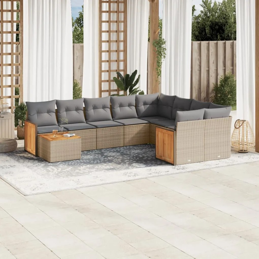 10 pcs conjunto de sofás p/ jardim com almofadões vime PE bege