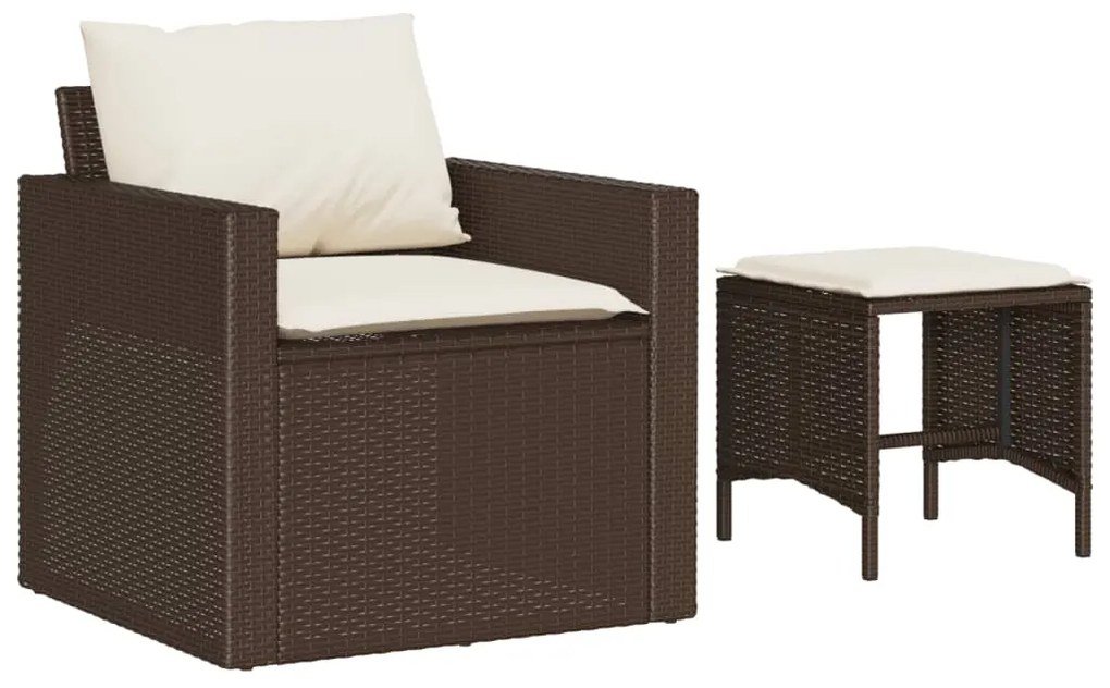 4 pcs conjunto sofás de jardim c/ almofadões vime PE castanho