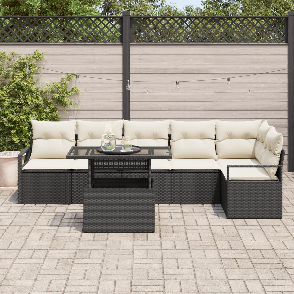 Conjunto de Sofá de Jardim de 7 Peças com Almofadas Preto Rattan Sinté
