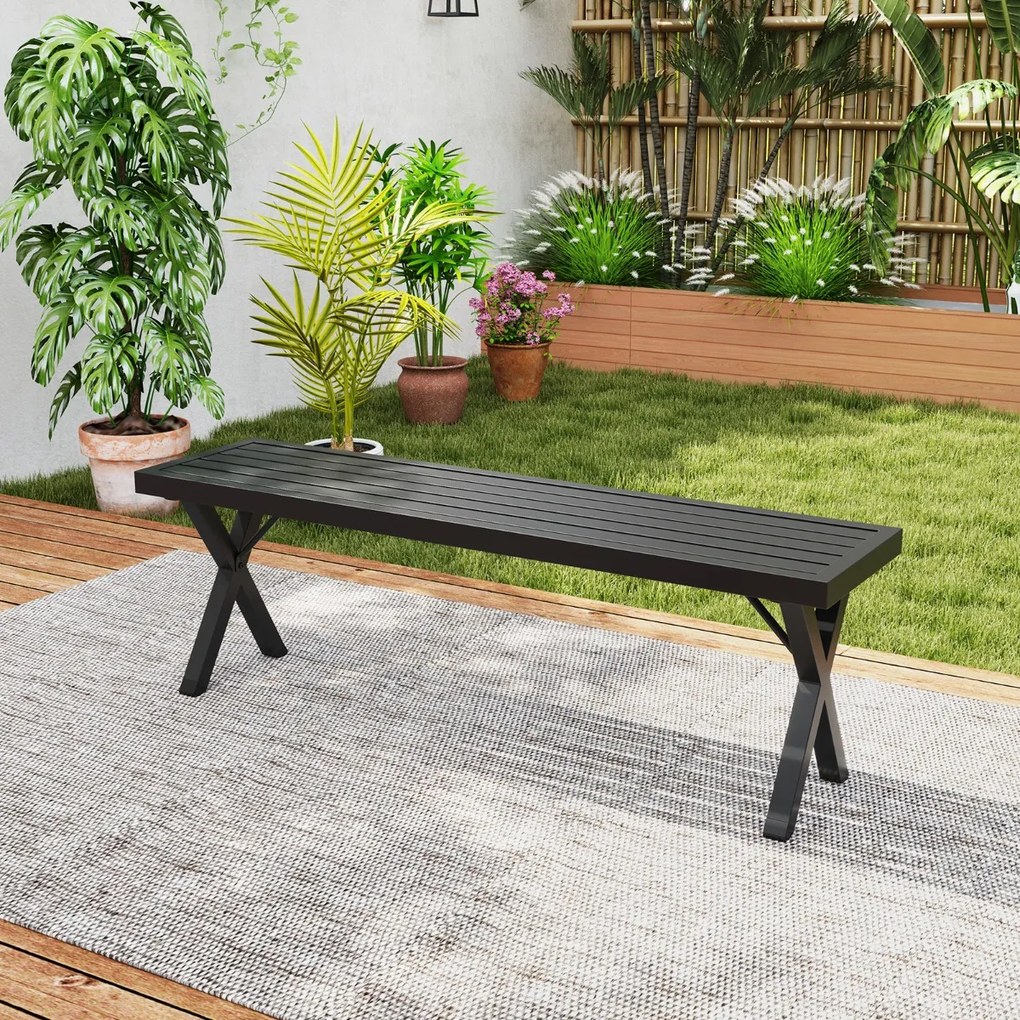 Banco de metal para jardim para 2 pessoas com assento de ripas e pernas X 138 x 36 x 46 cm Preto