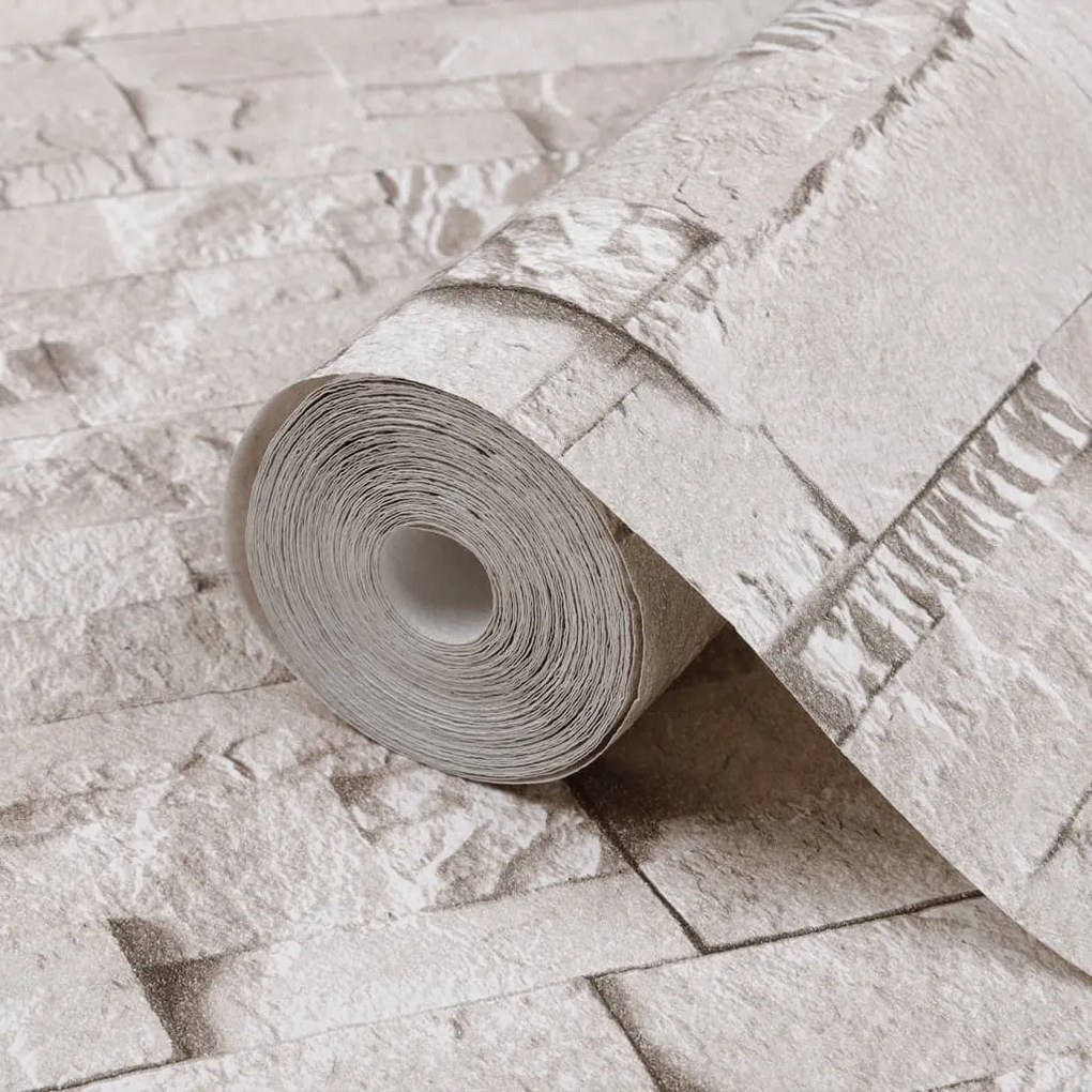 Papel parede 3D c/ aspeto de pedra 10x0,53 m não-tecido creme