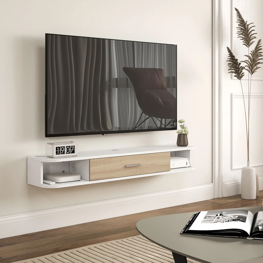 Móvel de TV de parede 120 L x 26 P x 16 A cm, para ecrãs até 50 polegadas, com compartimentos abertos e armário com porta rebatível, branco
