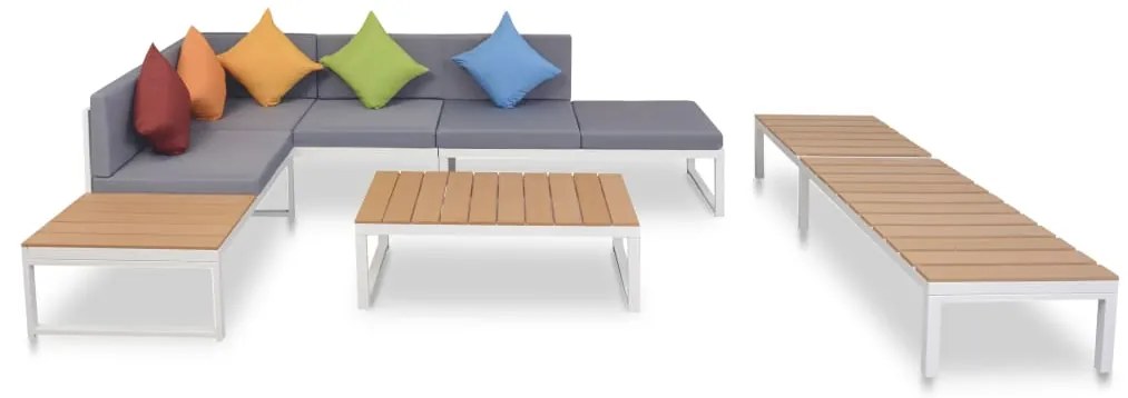 vidaXL 5 pcs conjunto lounge p/ jardim com almofadas alumínio e WPC