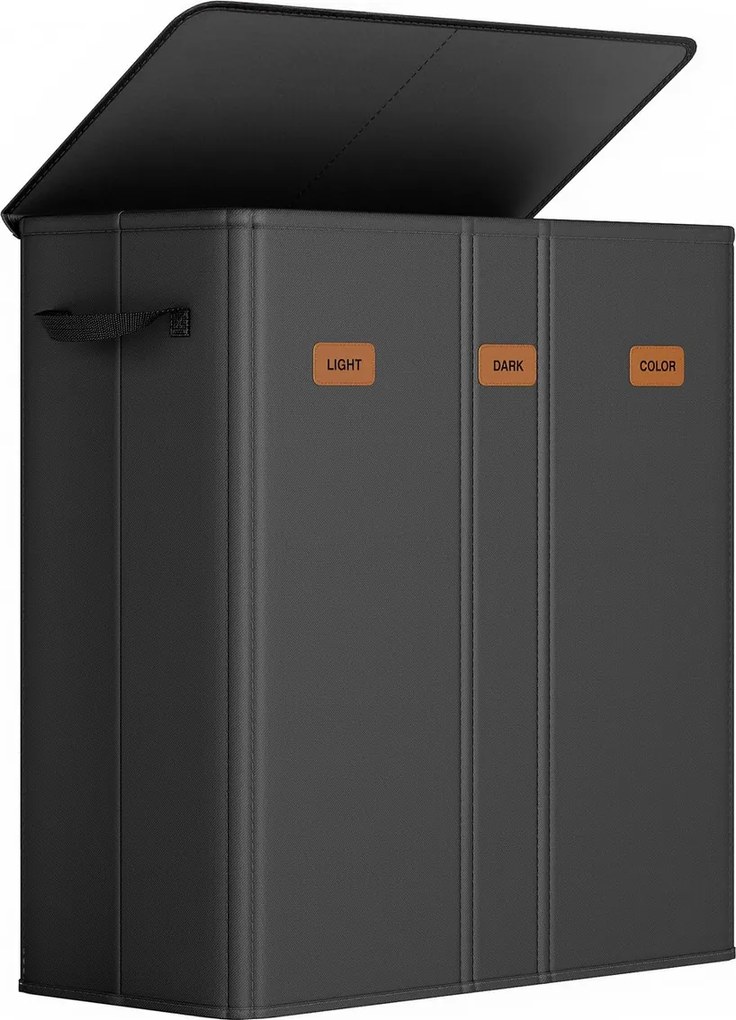 Cesto da roupa suja 160L com 3 compartimentos 64 x 33 x 75 cm, sacos interiores removíveis e laváveis, cesto da roupa com tampa preto