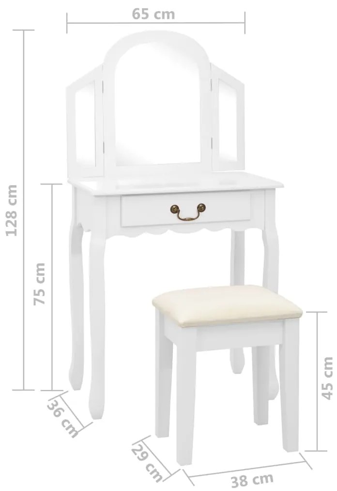 Toucador c/ banco 65x36x128 cm MDF e madeira paulownia branco