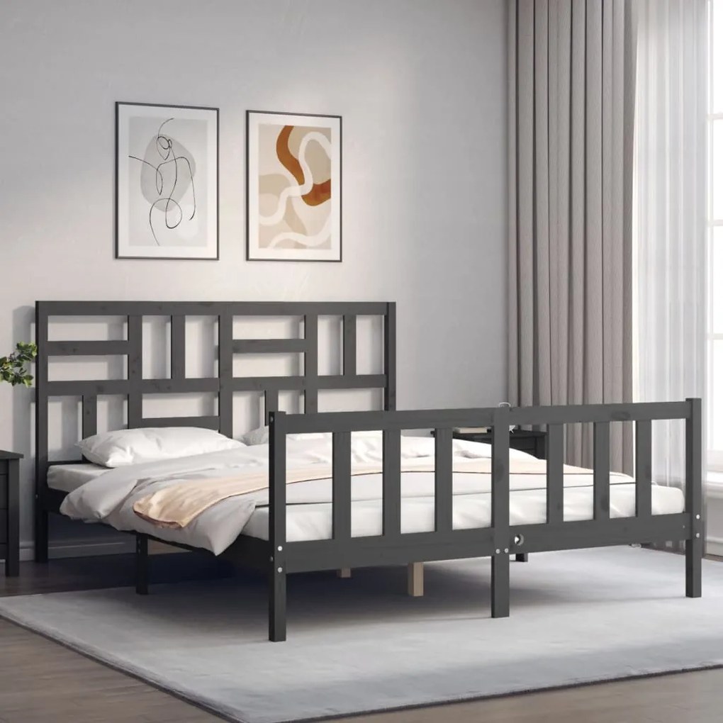 Estrutura de cama com cabeceira 160x200 cm madeira maciça cinza