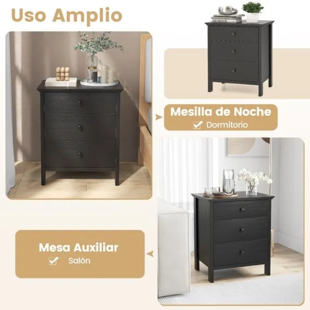 Mesinha de cabeceira com 3 gavetas, 56 x 45 x 66 cm preta