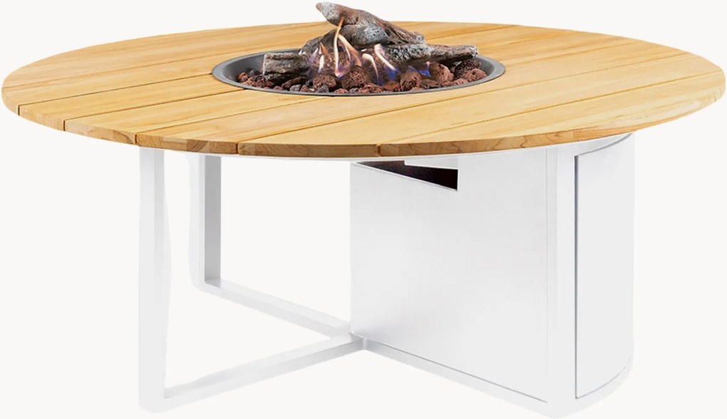 Mesa de centro redonda para exterior com lareira e tampo em madeira de teca Cosiloft