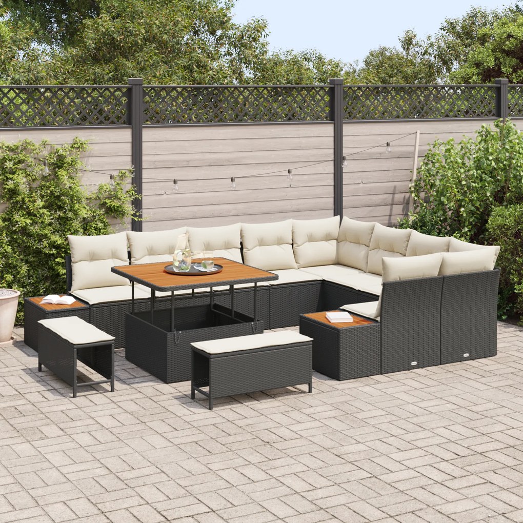 Conjunto de Sofá de Jardim vidaXL 12 Peças com Almofadas Preto Vime Ac