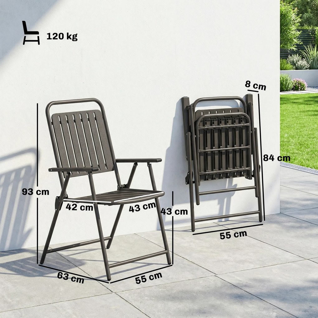 Conjunto de 4 Cadeiras Dobráveis (MESA NÃO INCLUIDA) para Jardim com Apoios de Braços Encosto e Assento Estrutura Metálica 55x63x93 cm Castanho
