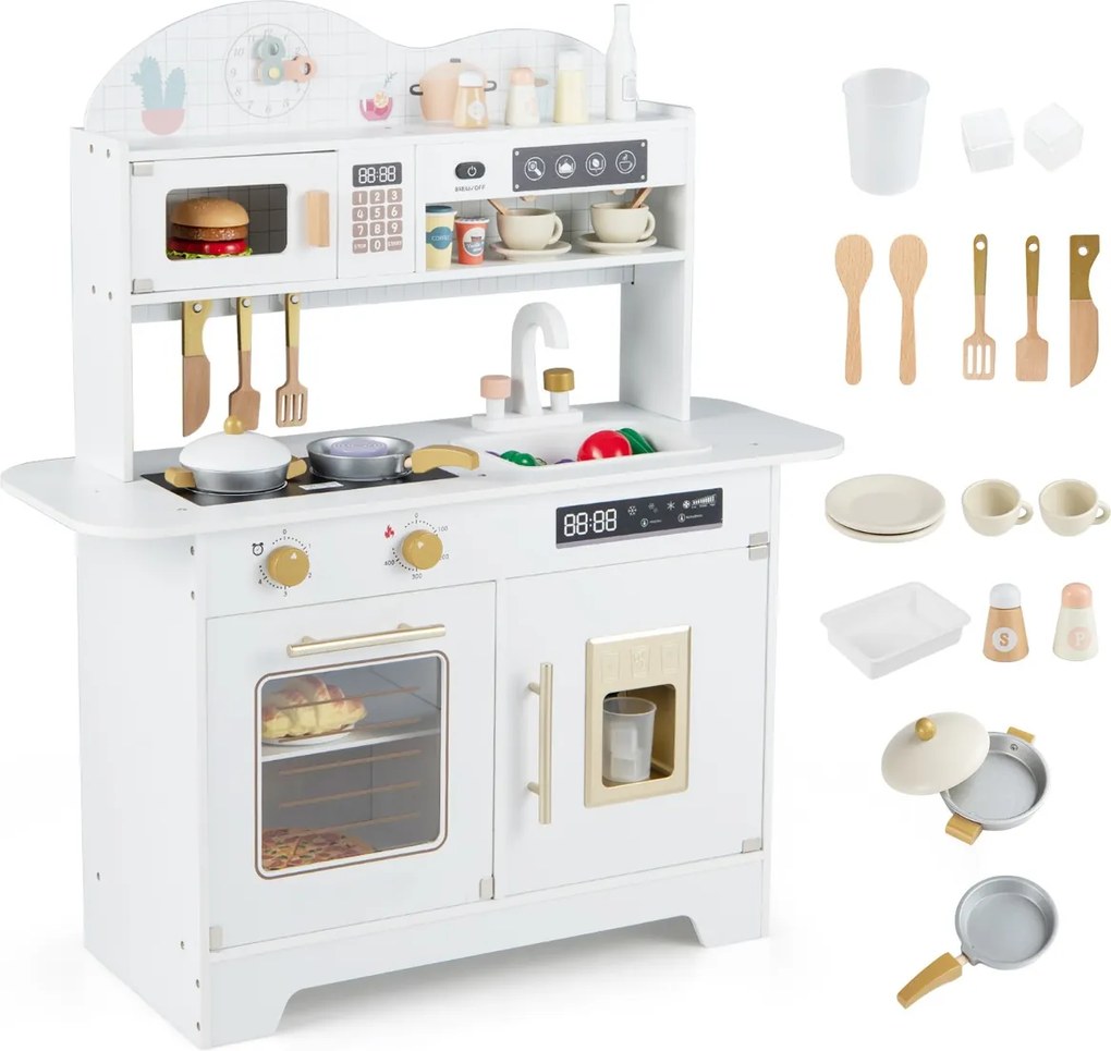Cozinha brincar infantil de madeira 79,5 x 39,5 x 90,5 cm com 17 acessórios, forno e máquina de gelo, para crianças com mais de 3 anos, branca