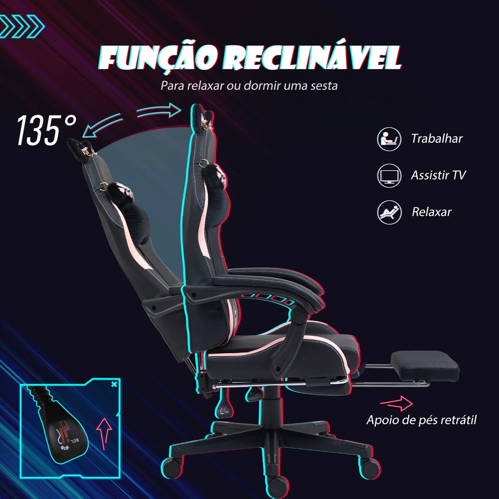 Cadeira Gaming com Orelhas Cadeira Gamer Reclinável com Altura Ajustável e Suporte Lombar 65x62x116-124 cm Preto e Rosa