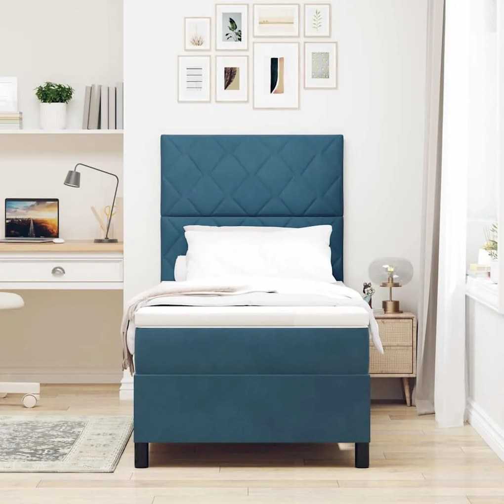 Cama Box Spring vidaXL com Colchão Azul Escuro Banqueta Veludo