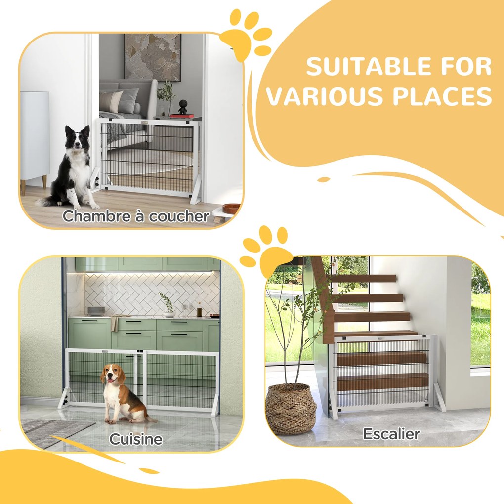 Barreira de segurança para cães de 101 a 181 cm barreira de proteção com 2 painéis, largura ajustável , em madeira e aço branco