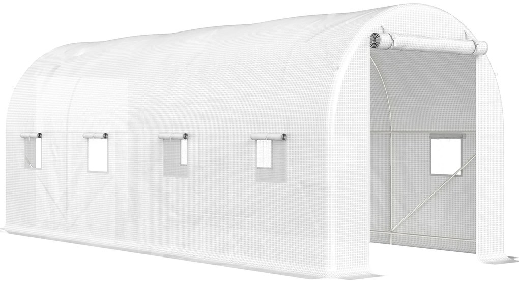Outsunny Estufa tipo Túnel 500x200x205 cm Estufa de Jardim com Porta Enrolável e 8 Janelas Cobertura de PE 140 g/m² Branco