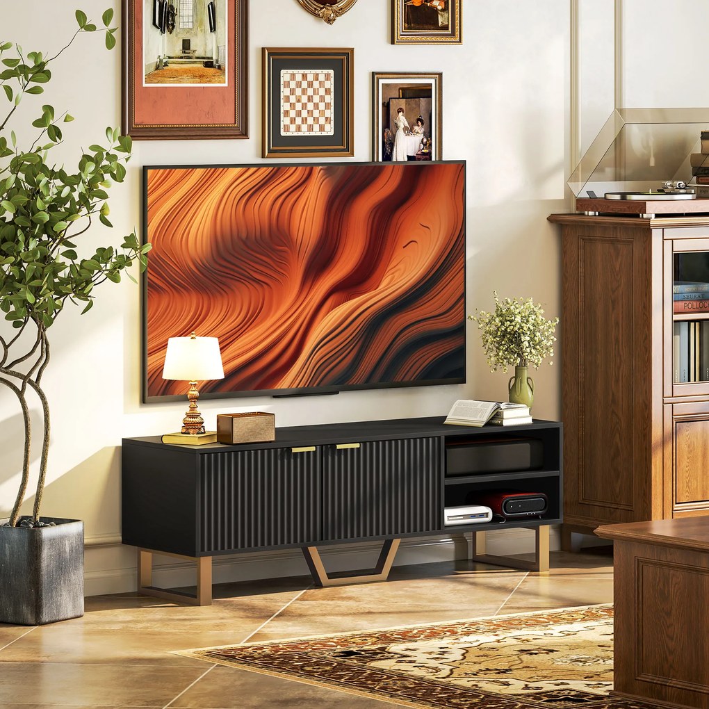 Móvel de TV 140 x 39 x 47 cm para televisores até 70 polegadas – armário com 2 portas caneladas, compartimento aberto preto