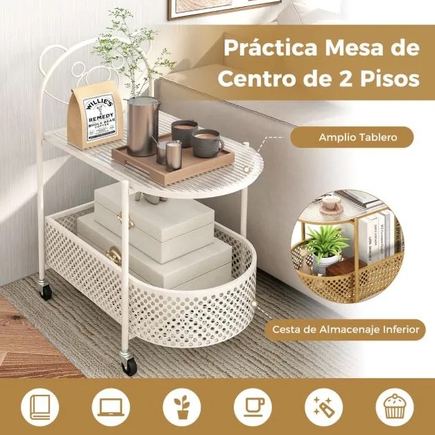 Mesa lateral de vidro móvel moderna de 2 níveis com padrão de urso Cesto de metal Rodas para sala de estar Quarto de estudo Branco