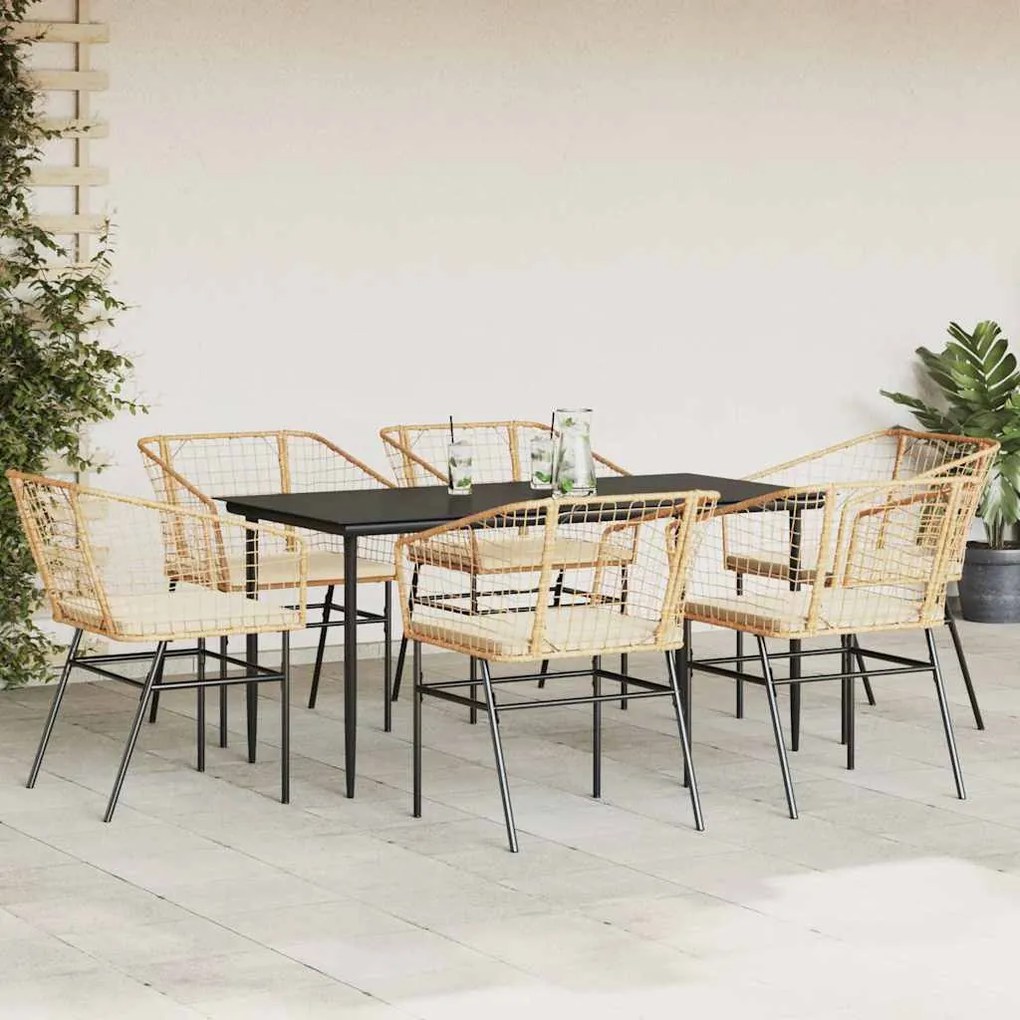 Conjunto jantar jardim 7 peças almofadas vidro vime PE castanho