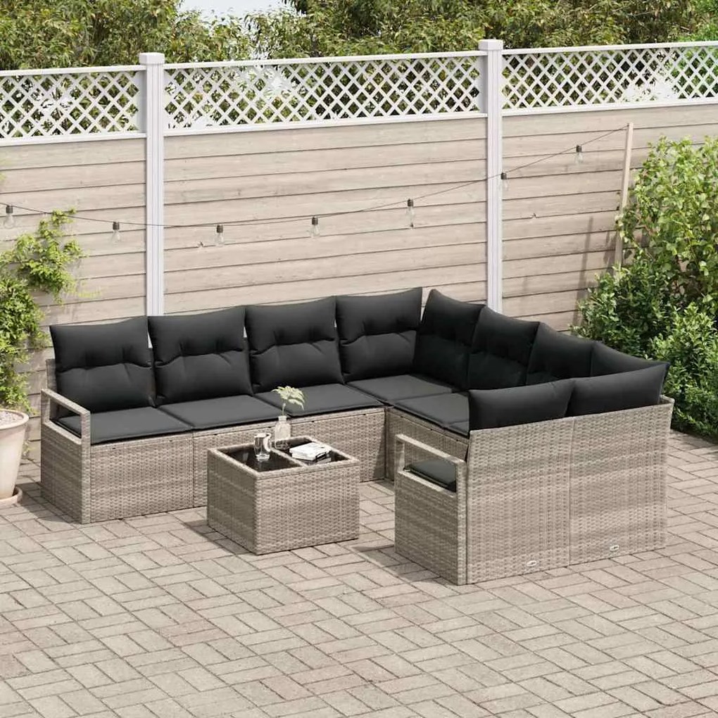 Conjunto de sofá de jardim com 9 peças e almofadas cinza claro