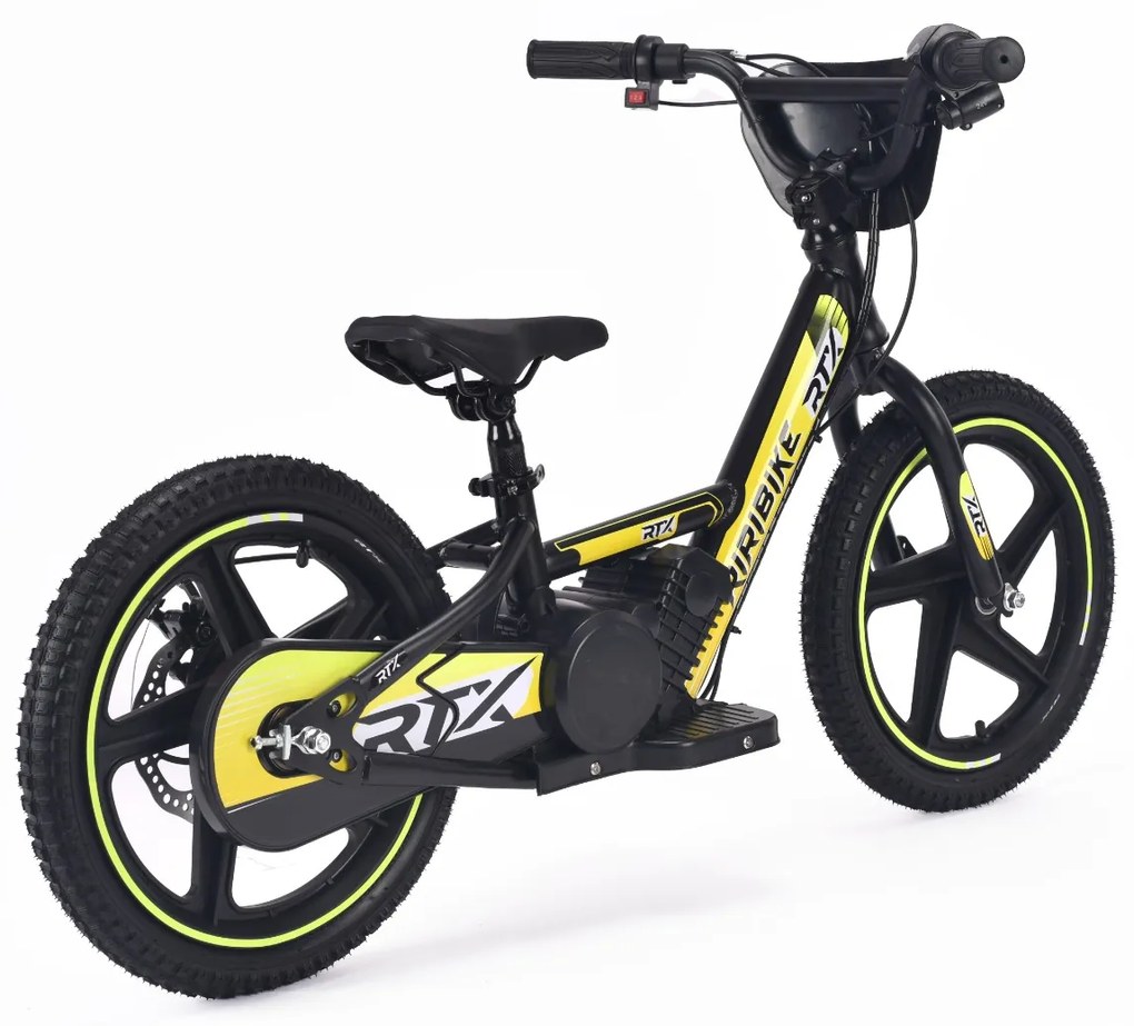 Bicicleta eléctrica para crianças RIRIBIKE RTX6 24V (16") bateria de lítio, motor de 250 watts, travão de disco, assento ajustável em PU macio Amarela