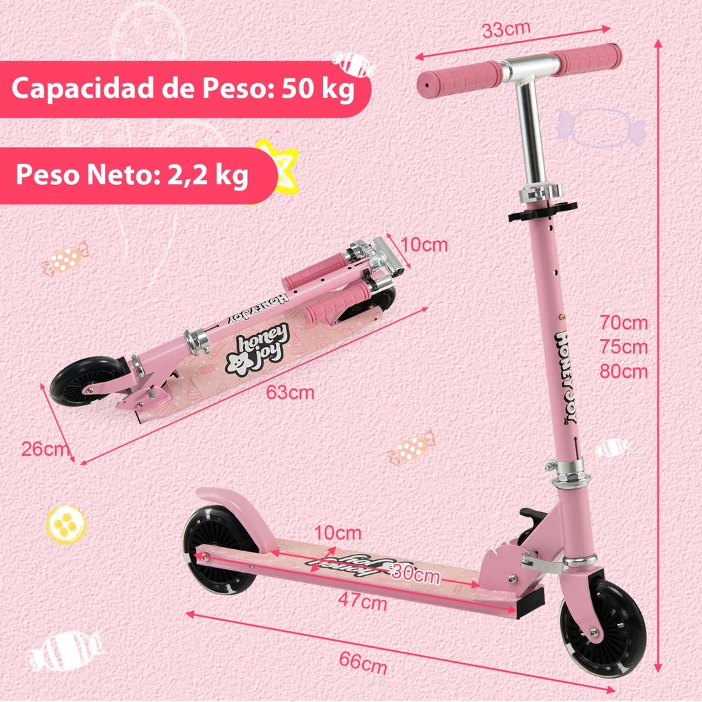 Trotinete dobrável para crianças com 2 rodas intermitentes Guiador ajustável Sistema de travão traseiro Rosa