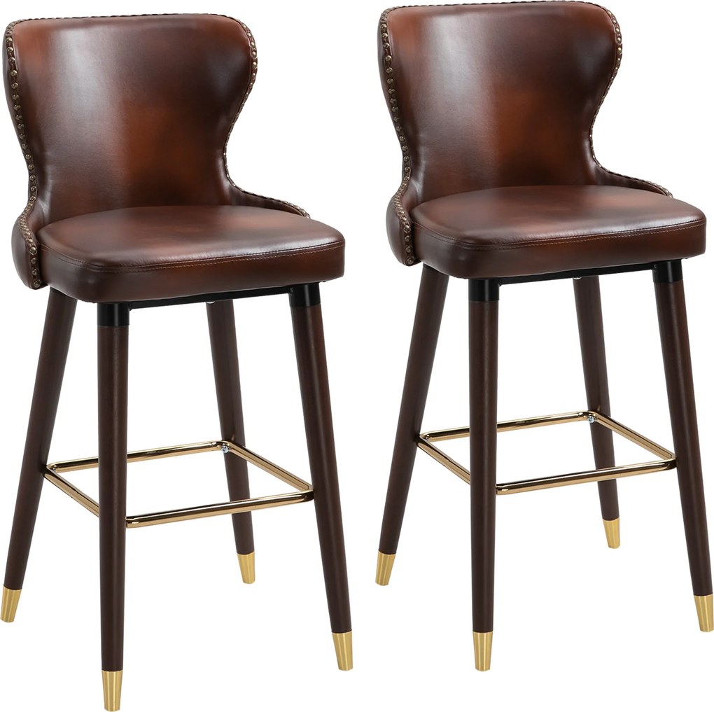 HOMCOM Conjunto de 2 Banquetas com Apoio para Pés, Banqueta com Encosto, Banco Bistrô, Cadeira de Jantar, Banqueta de Balcão, Couro Sintético, Castanho, 52 x 53 x 101 cm | Aosom Portugal