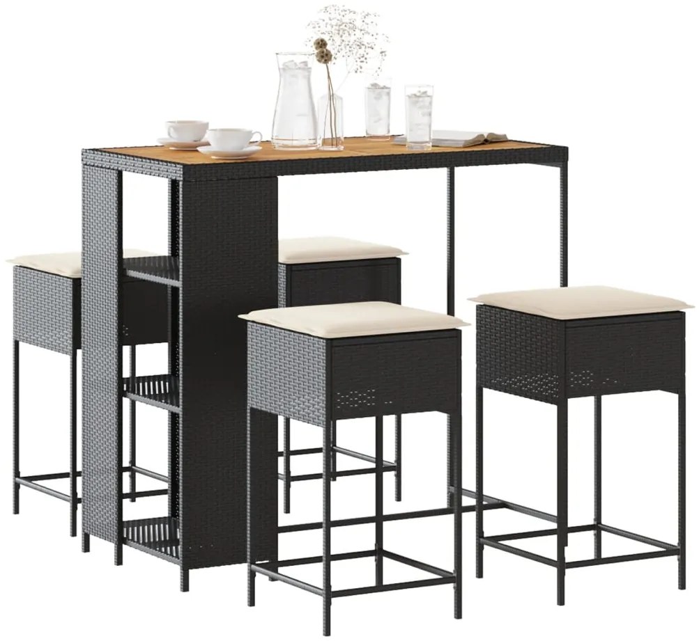 5 pcs conjunto de bar p/ jardim c/ almofadões vime PE preto