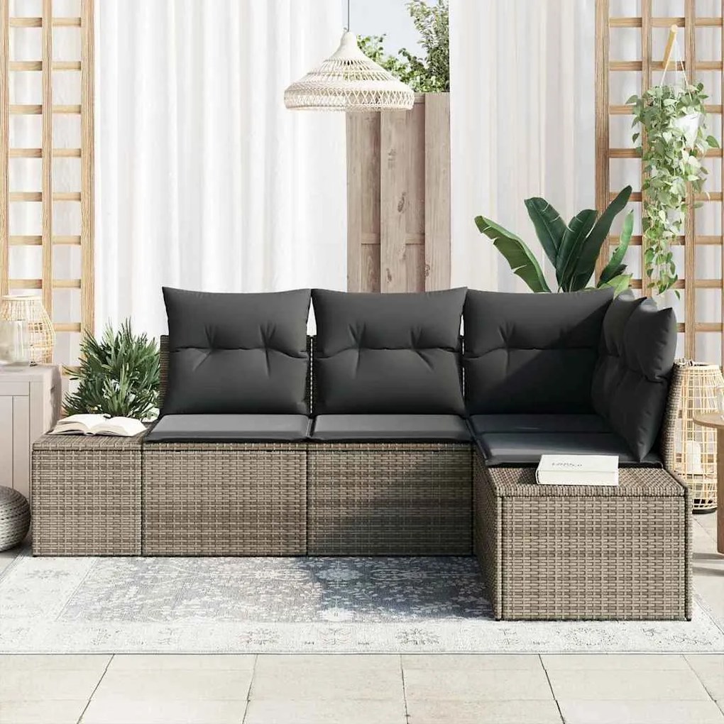 Sofá de Jardim com 4 Peças e Almofadas em Rattan Cinza