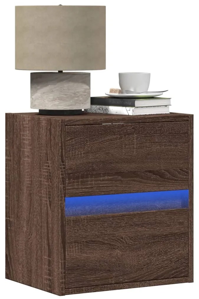 Mesas cabeceira de parede c/ luzes LED 2 pcs carvalho castanho