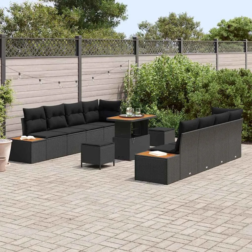 Conjunto de 11 Peças de Sofás de Jardim com Almofadas Pretas de Vime P