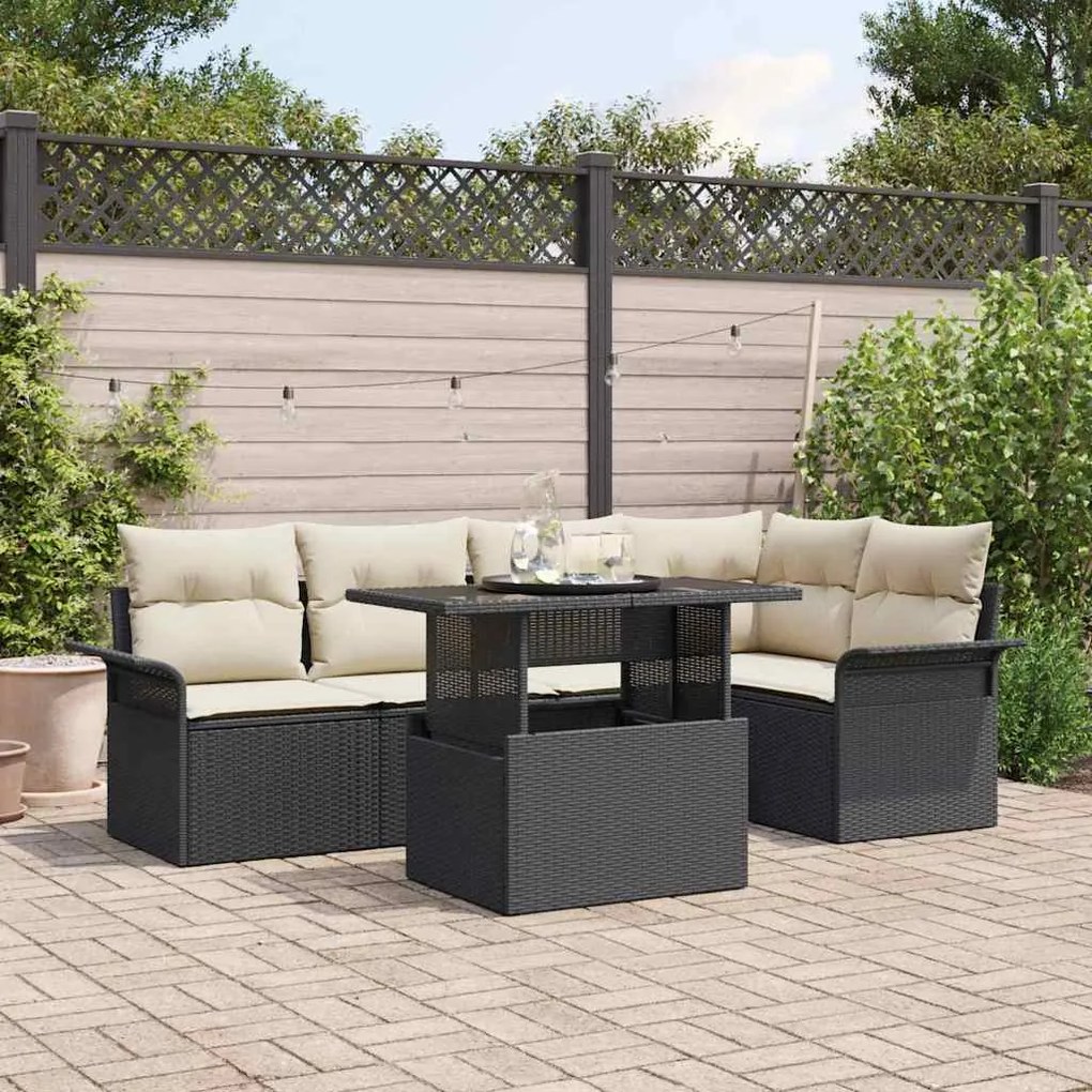 vidaXL Conjunto de Sofá de Jardim com 6 Peças e Almofadas Pretas em Rattan Sintético
