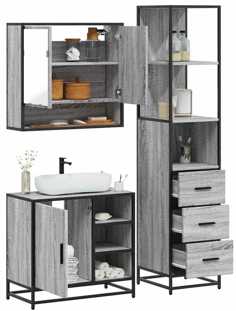 3 pcs Conjunto móveis casa de banho madeira proc. cinza sonoma