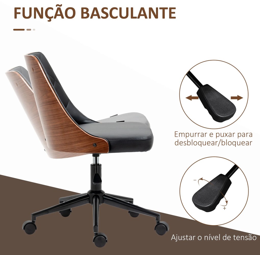 Cadeira de Escritório Giratória Cadeira de Escritório Ergonómica Estofada em Couro PU com Altura Ajustável Função de Inclinação para Sala de Estar Estúdio Dormitório 54x54,5x76-86cm Preto e Nogueira