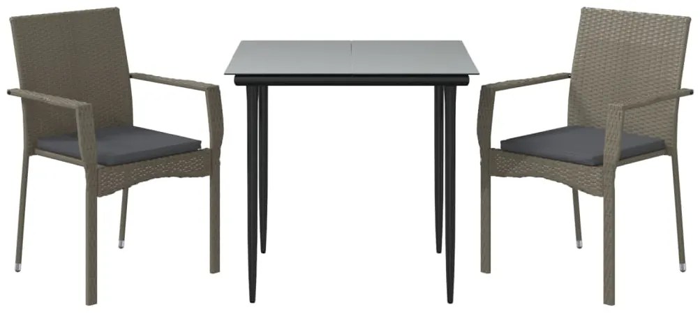 3 pcs conj. jantar p/ jardim c/ almofadões vime PE preto/cinza